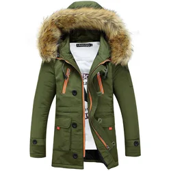 Casaco casual longo de algodão com capuz acolchoado masculino, Parkas grossas, casaco masculino, gola de pele, casaco de inverno, 2021