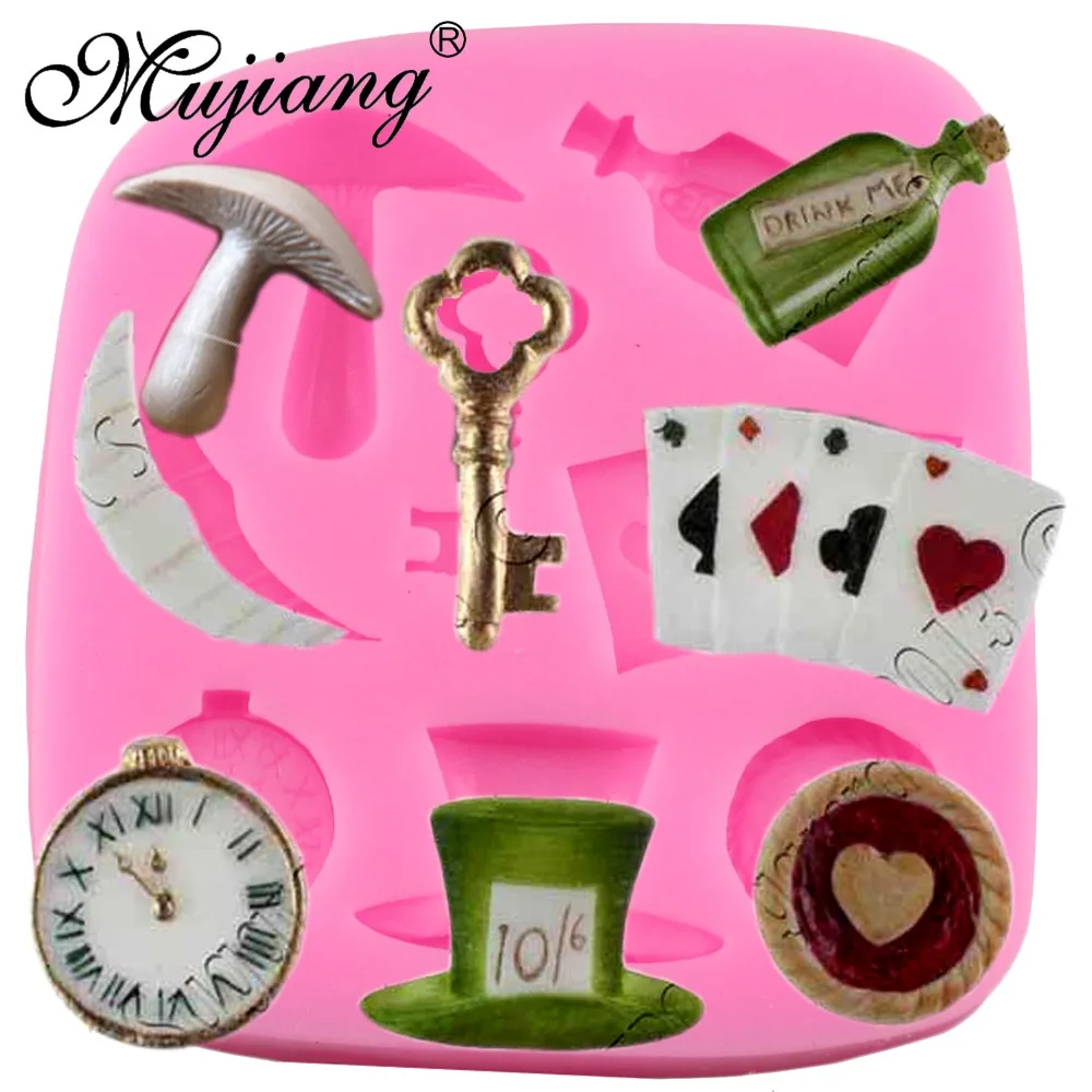 Mujiang Alice Wonderland 3D Poker Fondant Cake Decorating Tools Cake Border Silicone Molds Gumpaste Chocolate Candy Clay Moulds