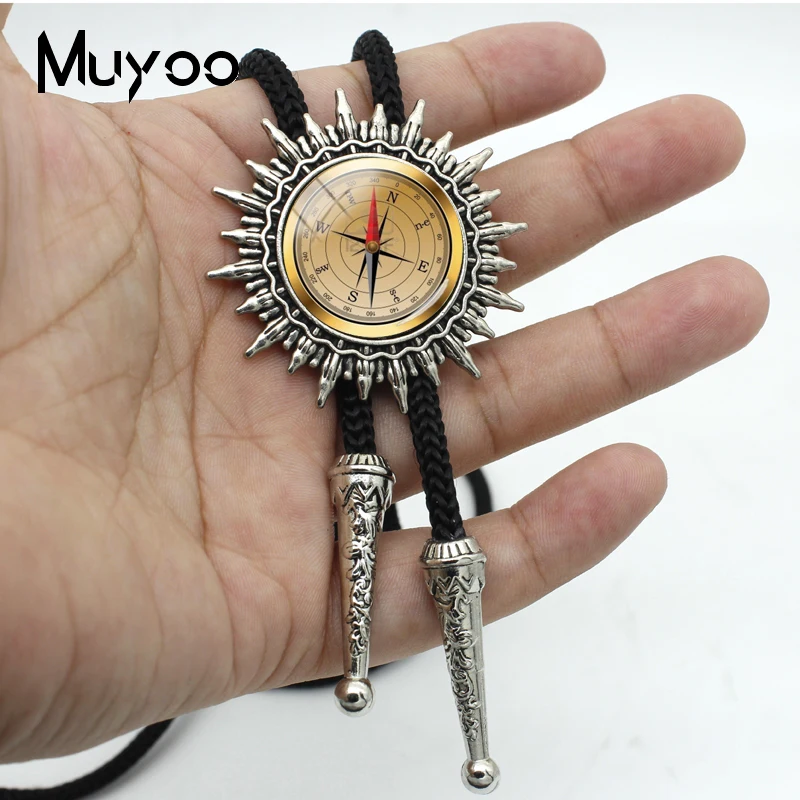 BOLO-0091 New Fashion Vintage Style Compass Patterns Glass Cabochon Fashion Bolo Ties Western Slide Neckties Metal Tie