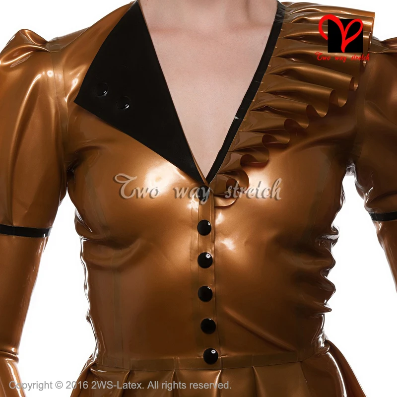 Metallic golden Sexy Short Rubber coat button Front puff sleeve uniform clothing Top clothes Latex Jacket size XXXL SY-053