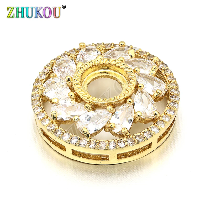 20mm Handmade Brass Cubic Zirconia Round Flower Charms Connectors DIY Jewelry Findings, Hole: 6mm, Model:VS209