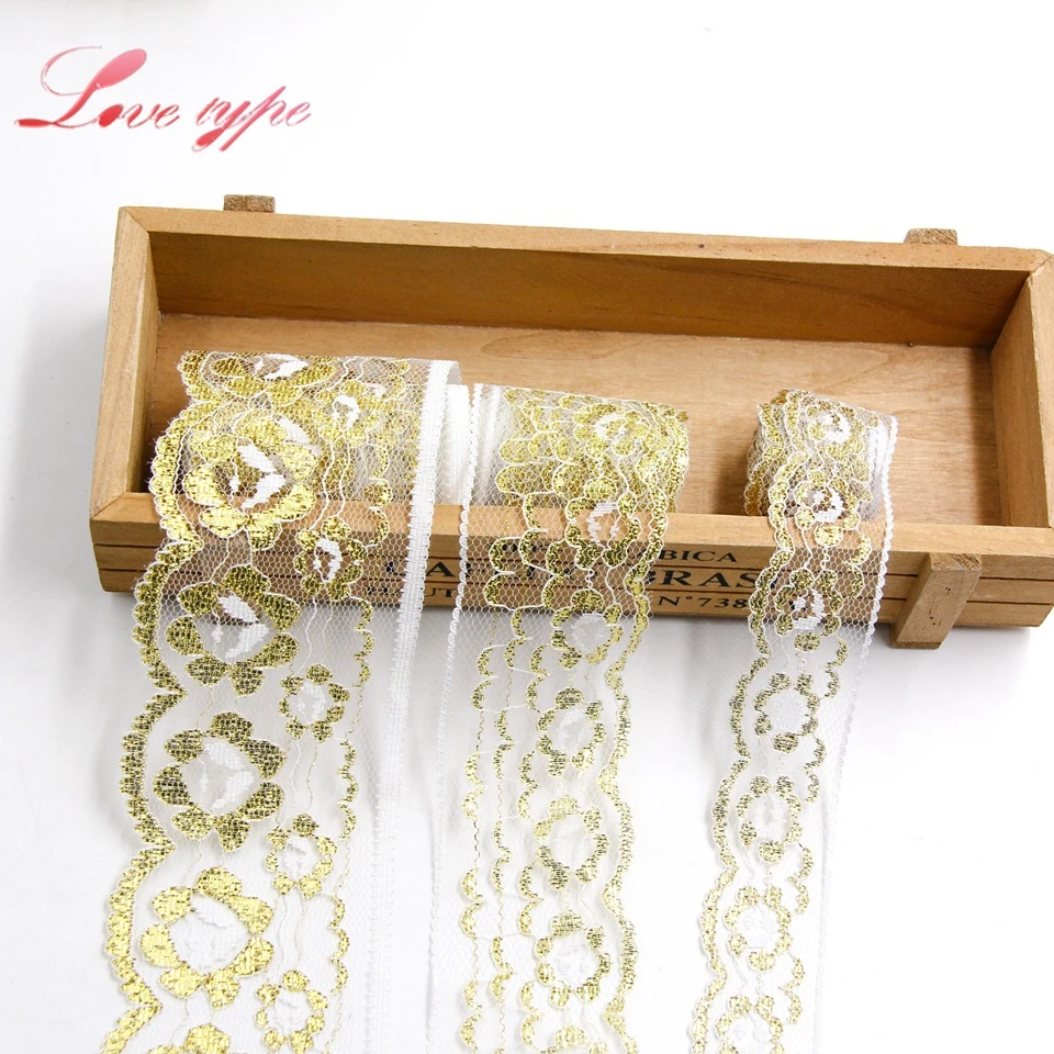 3 Sizes 10Yards Gold Embroidered Lace Ribbon Soft Net Lace Trim Fabric Handmade DIY Sewing Wedding Party Decoration Supplies