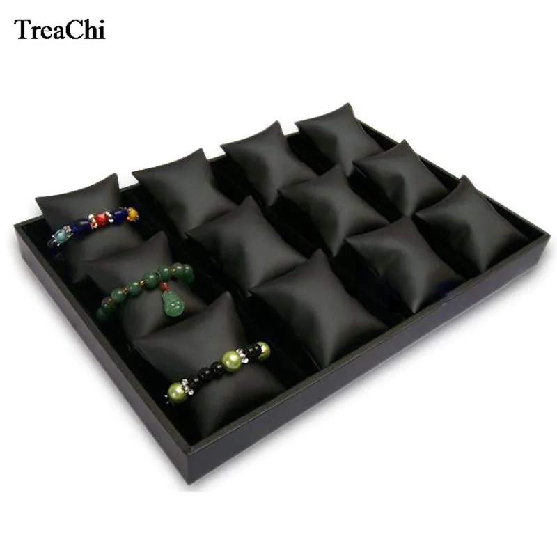 12 Grids Convenience Jewelry Display Case Bangle Bracelet Display Pillow Box Black PU Velvet Cushion Watch Holder Tray