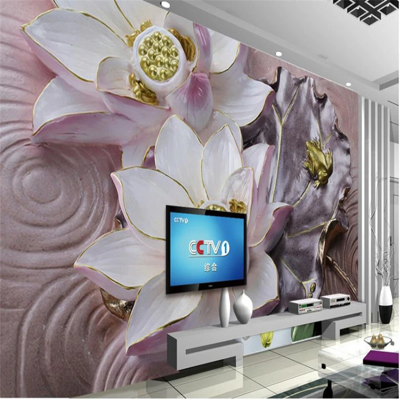 

beibehang 3D lotus relief background wall 3D background wall custom large fresco silk silk cloth environmental wallpaper