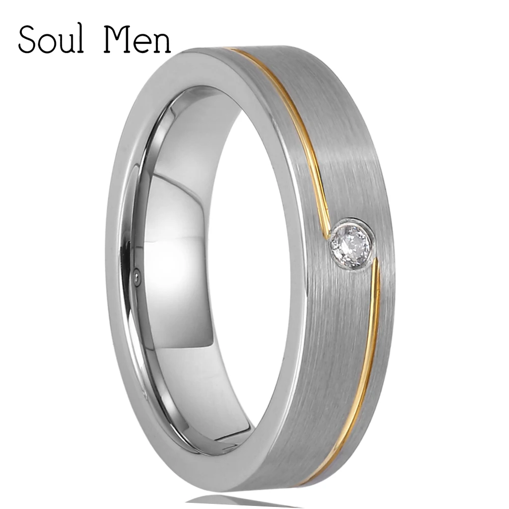 Classic Women Wedding Band Matte Gold Color Groove with CZ Stone Top Tungsten Engagement Ring 5mm for Girl Size 5 6 7 8