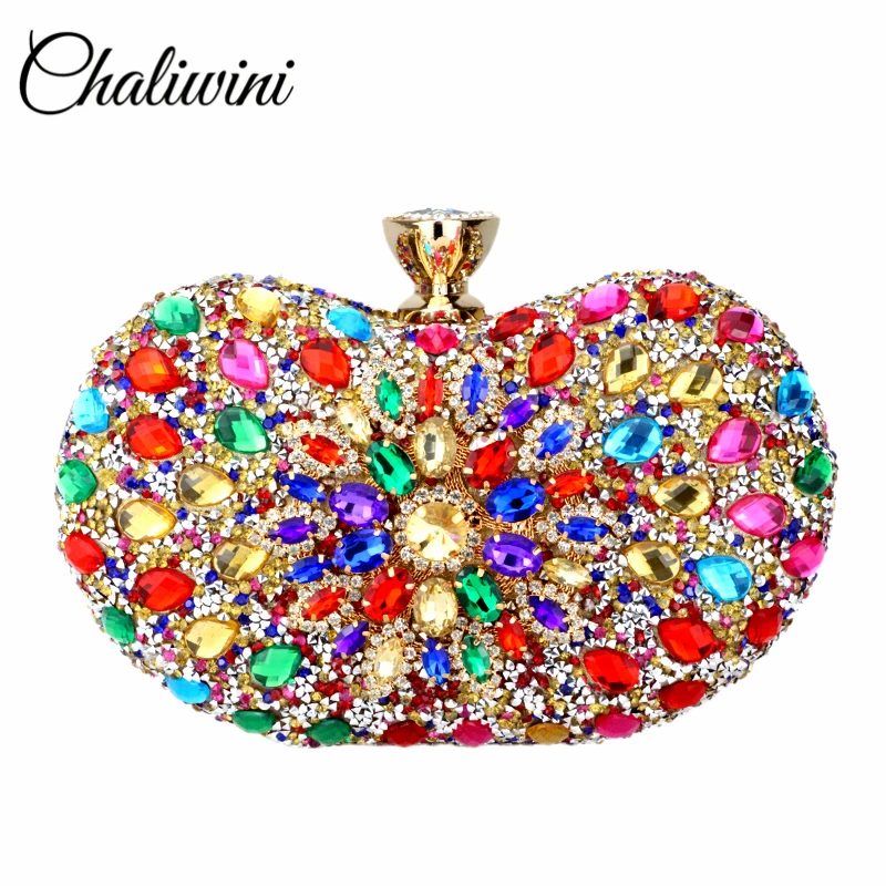 Chaliwini Evening Diamond Two Side Floral Woman Clutch Bag Multi Crystal Sling Package Wedding Purse Matching Wallet Handbags