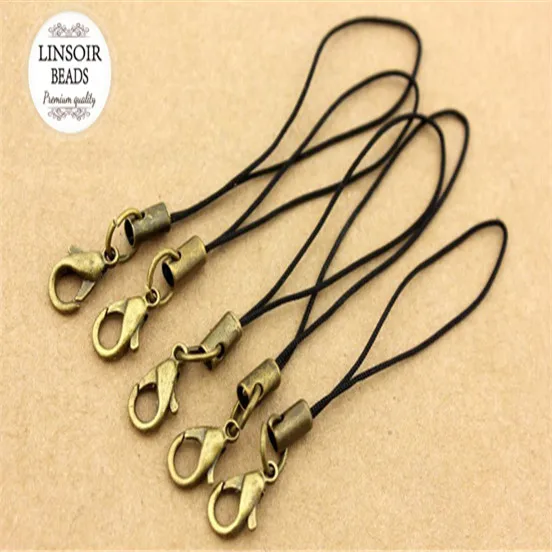 

100pcs/lot 5cm wholesale Black Strap Cell Phone Lariat Lanyard Cord with antique bronze lobster clasp Jewelry Findings F696