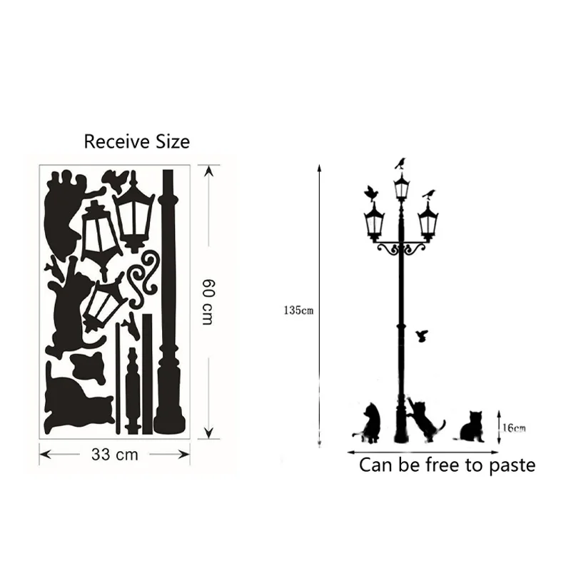 Creative DIY Popular Ancient Lamp Cats and Birds Wall Sticker Cartoon Wall Mural Home Decor Room Kids Decals Wallpaper