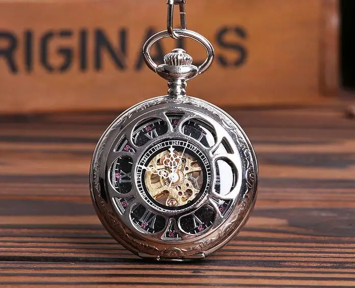 

Mechanical pocket watch silver Hollow petals Brown Roman numerals FOB chain men watches gift