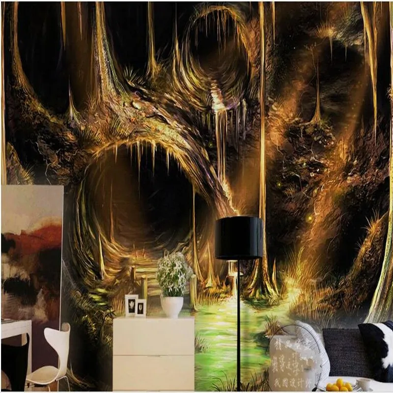 wellyu Customizable Large Mural Fantasy Aesthetic Golden Tree Hole Abstract Forest Gorgeous Background Wall  Wallpaper