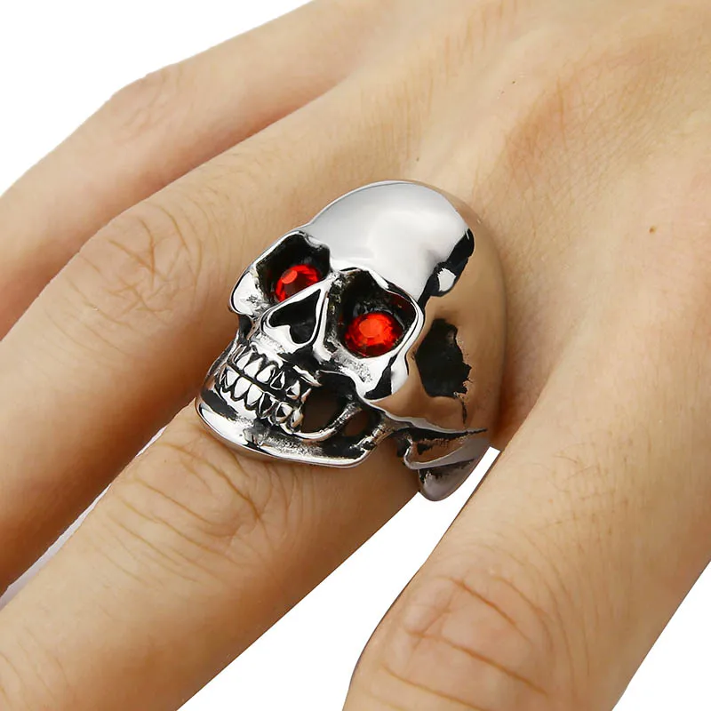 Men\'s Solid Skull Ring Gothic Punk Biker Rider Red/Blue Eyes Vintage Stainless Steel Skeleton Finger Band Men Jewelry