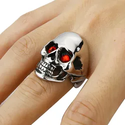 Men's Solid Skull Ring Gothic Punk Biker Rider Red/Blue Eyes Vintage Stainless Steel Skeleton Finger Band Men Jewelry