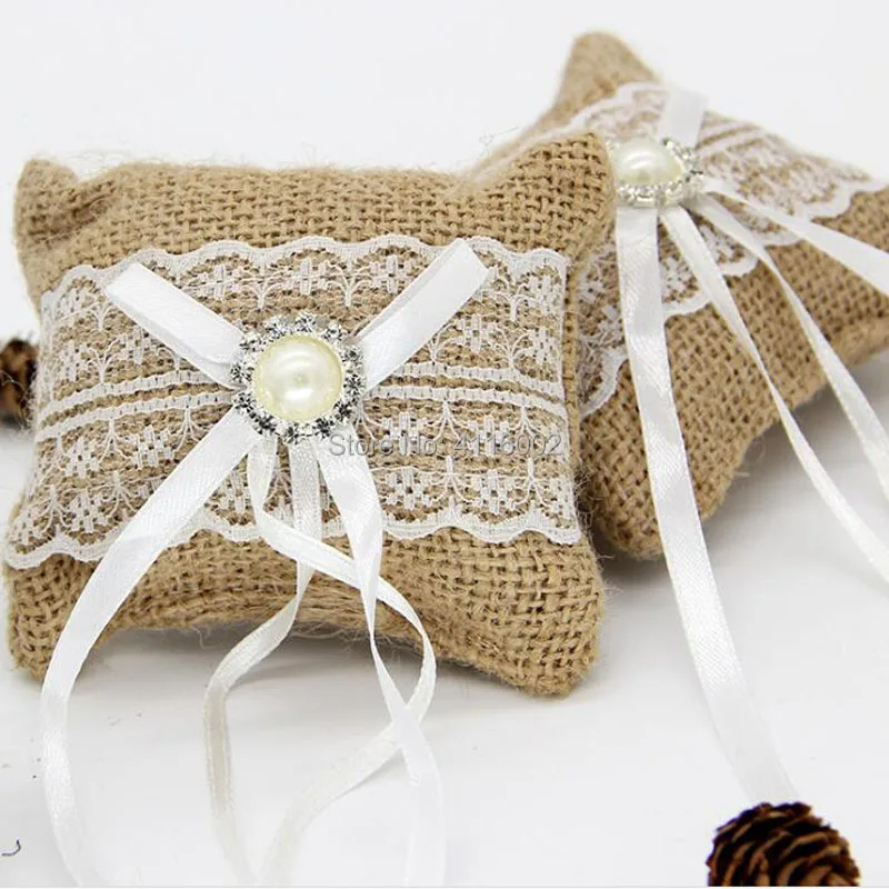 100pcs Lace Bow Ring Pillow Wedding Vintage Burlap Jute Cushion Valentine's Day Gift Wedding Decorations Party Supplies