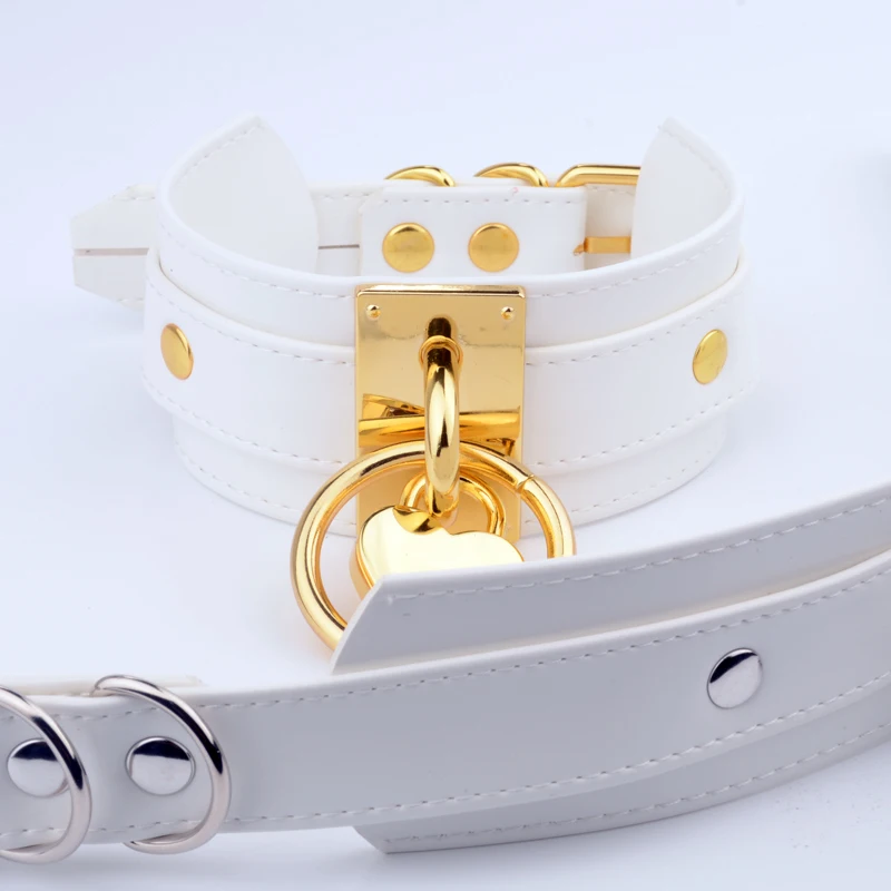 Handmade White Leather Choker Oversized Wide Layered Slave Collar Heart Locket Necklace for Women Girls   Choker