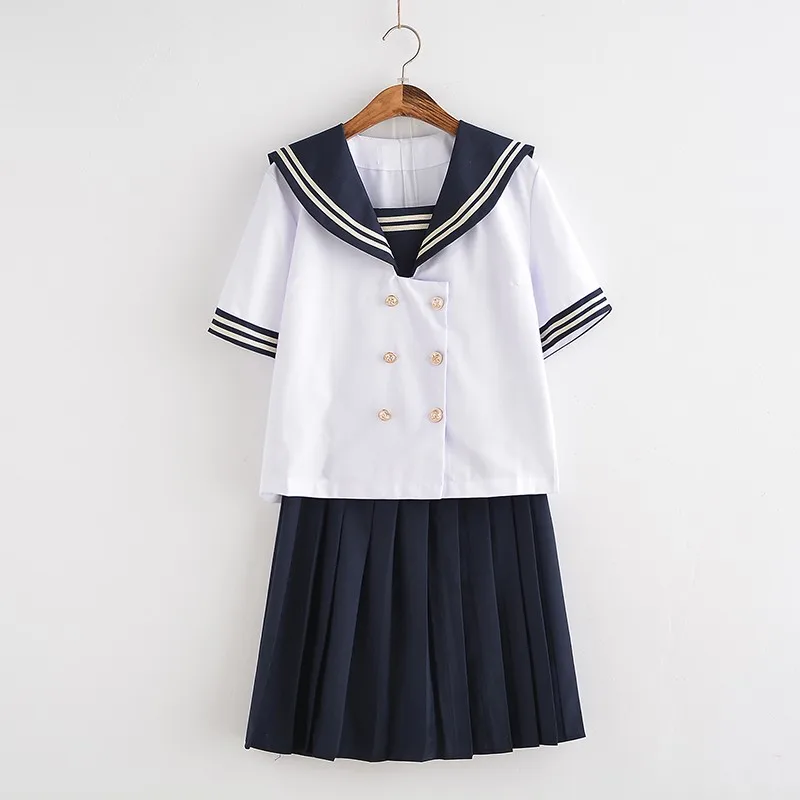 Summer Autumn White Top Navy Pleated Skirt School Uniform Sets Short Sleeves Students JK Uniforms Casual Girls Sailor Suits XXL