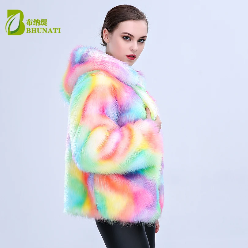 new arrival Women Colorful Faux Fox Fur Coat with Hooded Multicolor Long sleeve Artificial Fur Coats Jacket