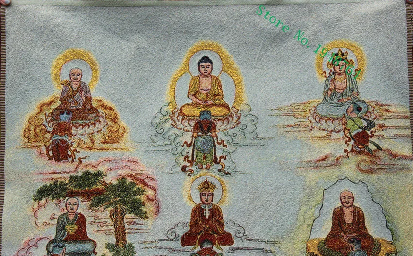 36 inch Chinese Silk embroidery 12 People Shakyamuni Kwan-yin Thangka Paintings Mural