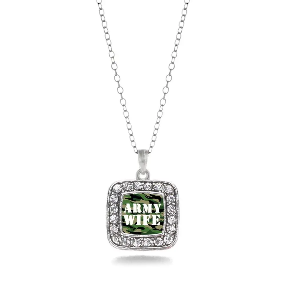 ARMY WIFE SQUARE CHARM ANTIQUE SILVER PLATED CRYSTAL JEWELRY