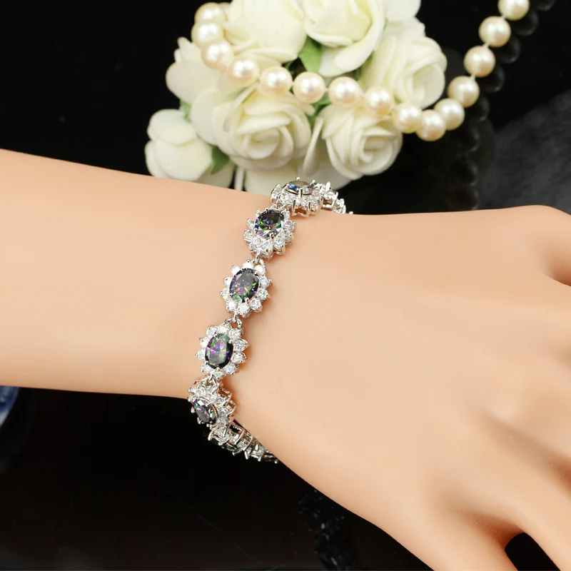 ThreeGraces  Brand Hot Sale Natural Mystic Rainbow Cubic Zirconia Crystal Bracelet Tennis Link Fashion Women Jewelry BR323