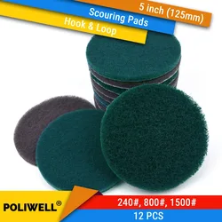 12PCS 5 Inch 125mm Round Hook&Loop Industrial Scouring Pads Heavy Duty 240#/800#/1500# Nylon Polishing Pad for Kitchen Cleaning