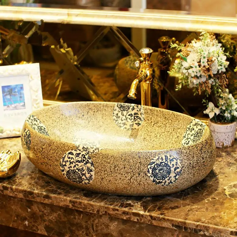 Colourful Imitation stones porcelain bathroom vanity bathroom sink bowl countertop Oval Ceramic wash basin bathroom sink