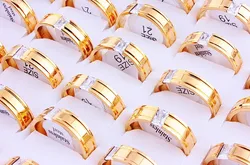 Wholesale 5Pcs 6MM Gothic 316L Stainless Steel Crystal Rhinestone Golden Ring School Birthday Men Women Wedding Valentine Gift