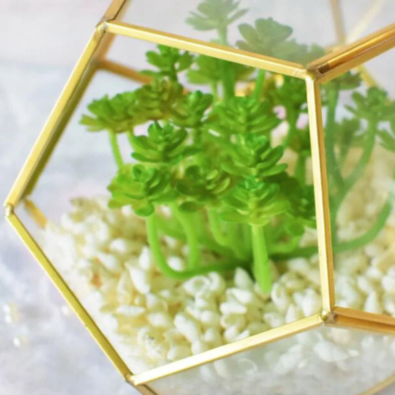 Gold Glass Pentagon Geometric Terrarium Container Window Sill Decor Flower Pot Balcony Planter Diy Display Box (No Plant)