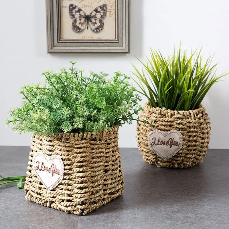 Seagrass Belly Storage Basket Straw Basket Write Wicker basket Storage bag White Garden Flower Pot Planter Handmade Organizer