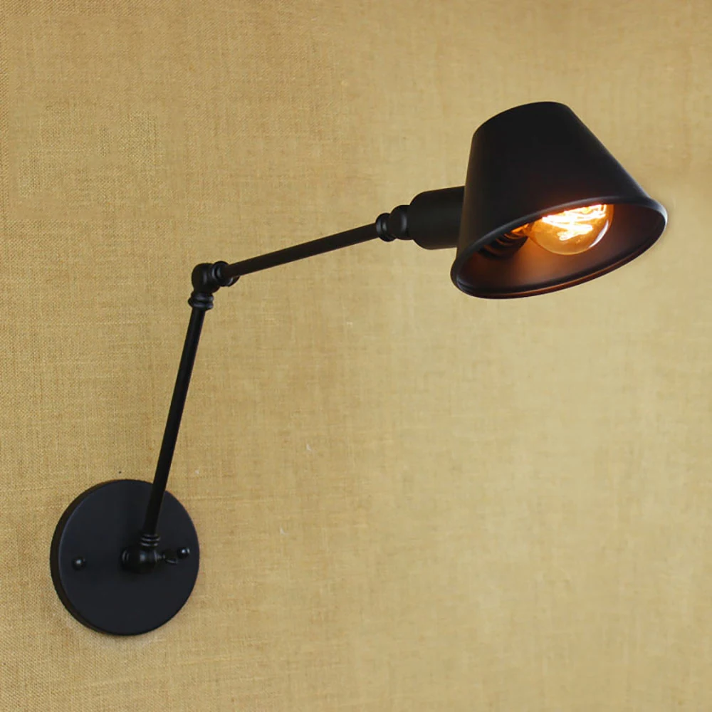 Loft retro Matte Black iron shade adjustable swing arm reading wall lamps Lights e27 / e26 sconce for workroom bedroom bar cafe