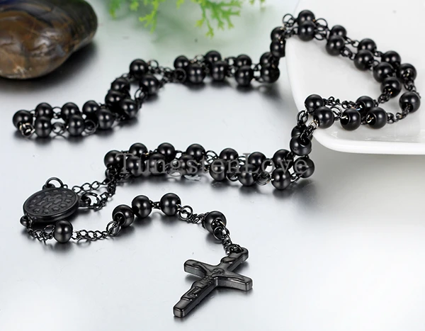 Vintage Mens Stainless Steel Necklace Long Link Bead Chain Silver Color Rosary Jesus Christ Crucifix Cross (with Gift Bag)