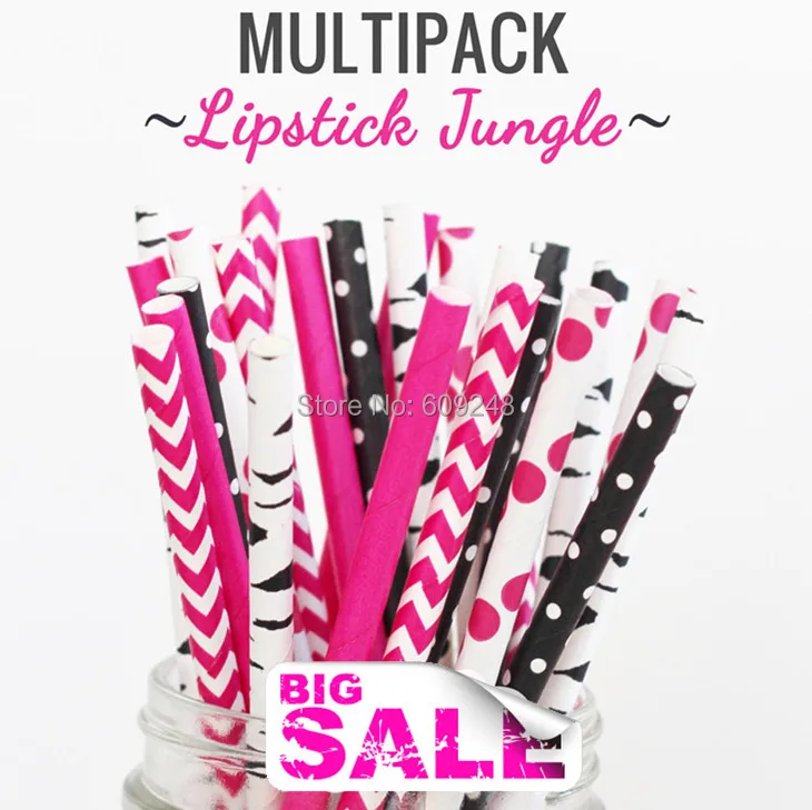 125 Pcs Mixed Colors LIPSTICK JUNGLE Themed Paper Drinking Straws,Deep Pink Plain, Chevron, Polka Dot, Black Swiss Dot and Birch