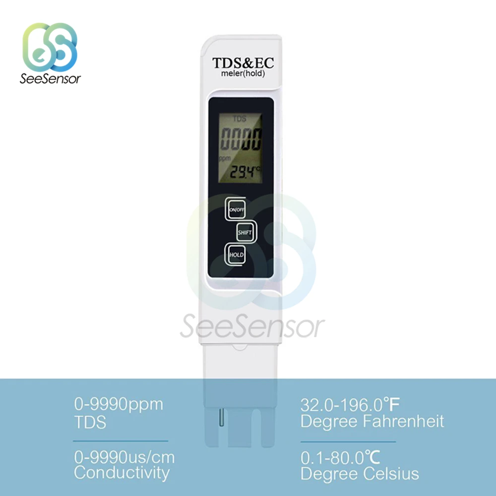 TDS EC Meter Temperature Tester Pen TDS&EC Tester 0-9990ppm 3 In1 Function Conductivity Water Quality Measurement Tool