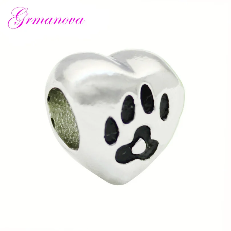 Dog footprints heart-shaped love mom charm handmade DIY jewelry accessories amulet Fit Pandora Bracelet Necklace