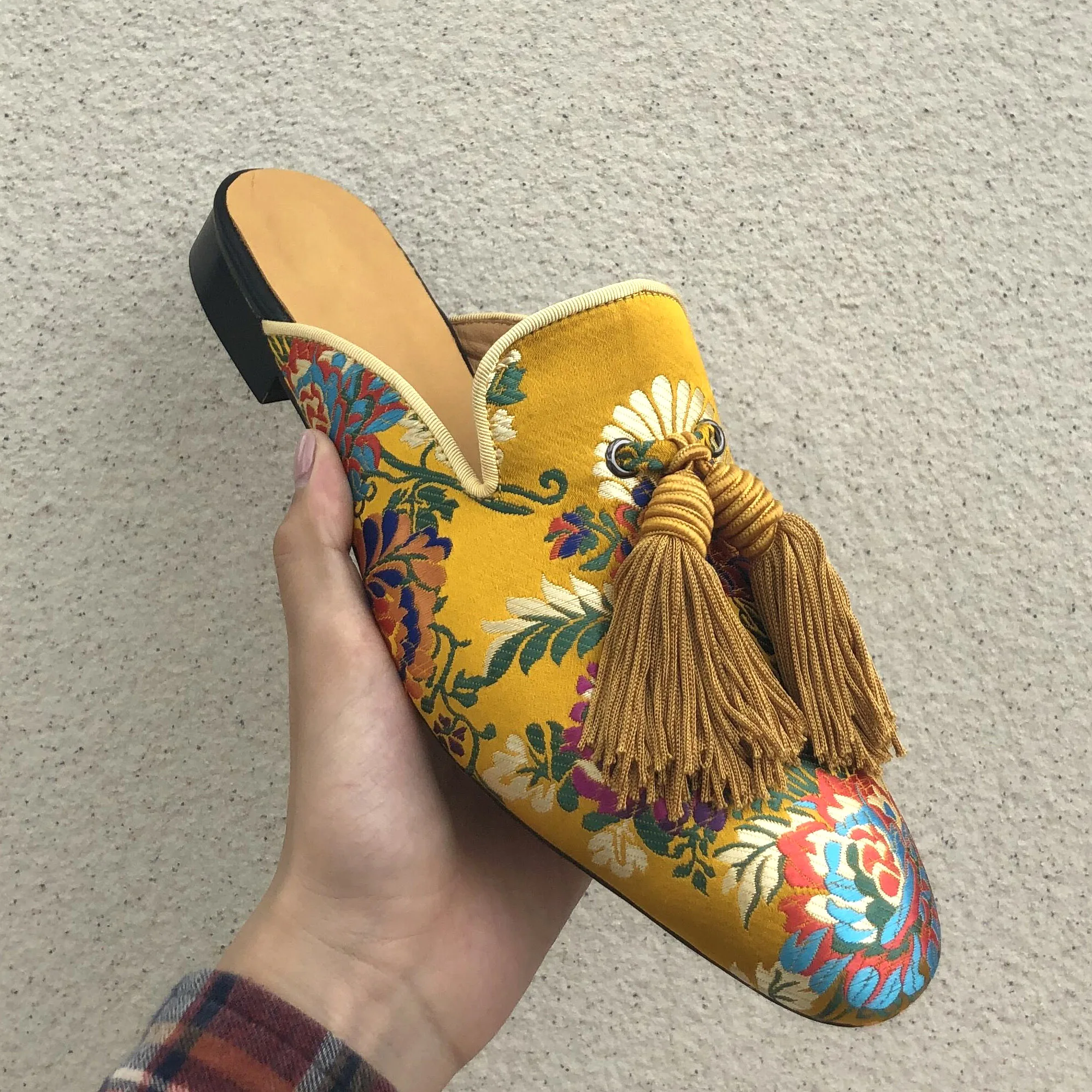 Mules Men Slippers Slip- On Flats Silk Tassels Men's Handmade Casual Shoes Yellow Indoor outdoor