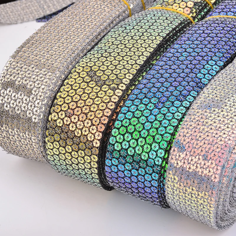 JUNAO 1 Yard 36mm Glitter Sewing Sequin Trim Round Paillett Sequins Ribbon Braid Sequins Fabric Material DIY Crafts Supply