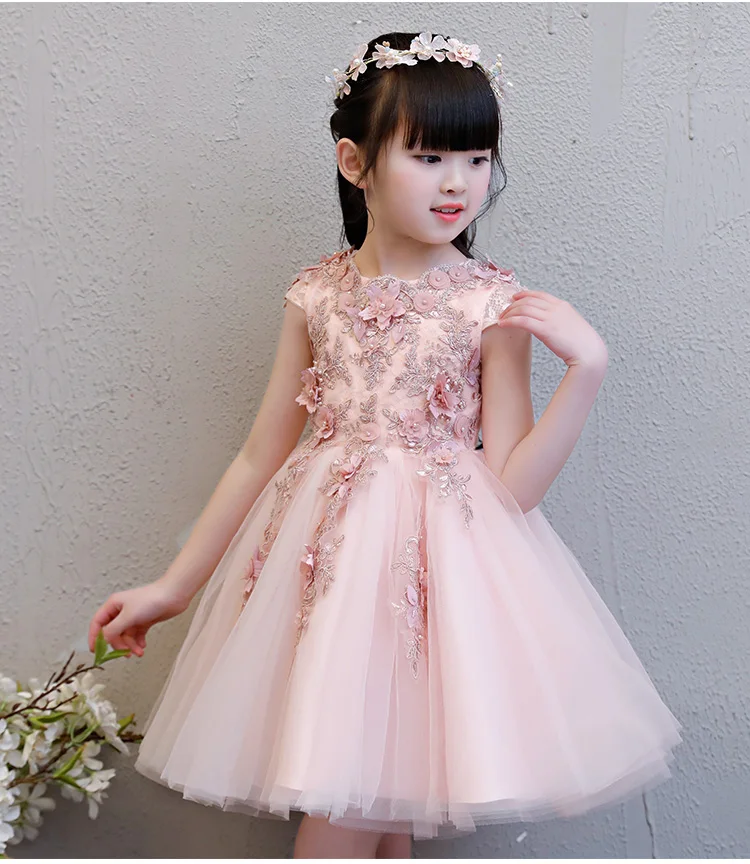 Elegant Pink Tulle Flower Girl Dress For Weddings Baby Baptism Party Pageant Princess Gown Bead Floral Kid First Communion Dress