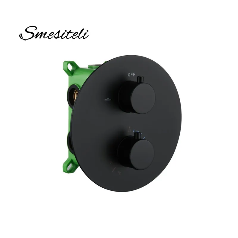 Smesiteli Round Style Matte Black Finish Thermostatic Diverter Shower Faucet Mixer 2 Way Or 3 Way 2 Handles Brass Concealed Wall