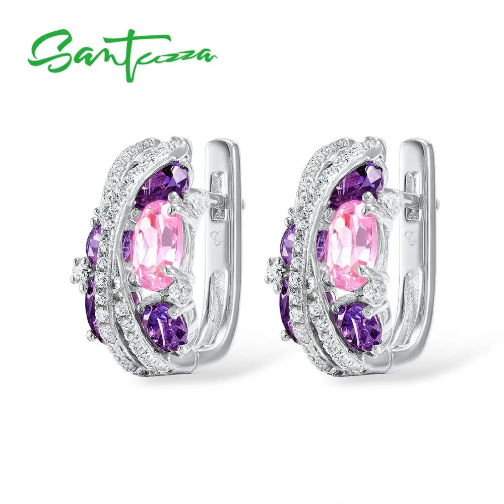 SANTUZZA 925 Silver Jewelry Set for Women Sparkling Purple Amethyst Pink Cubic Zirconia Earrings Ring Set Luxury Fine Jewelry