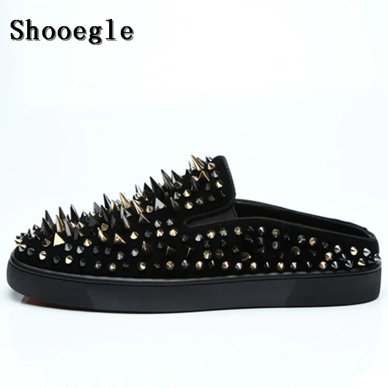 

SHOOEGLE Handmade Luxury Spikes Mens Mules Shoes Suede Black Rivets Casual Slippers Men Slides Summer Shoes Size EU38-EU47