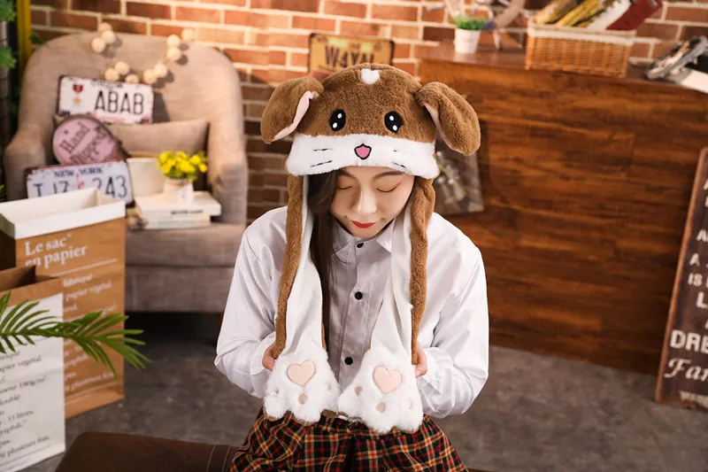 Moved Brown Vole white Cartoon Animal Plush Dynamic Hat Children's Winter Warm Cap Combined Scarf and Glove