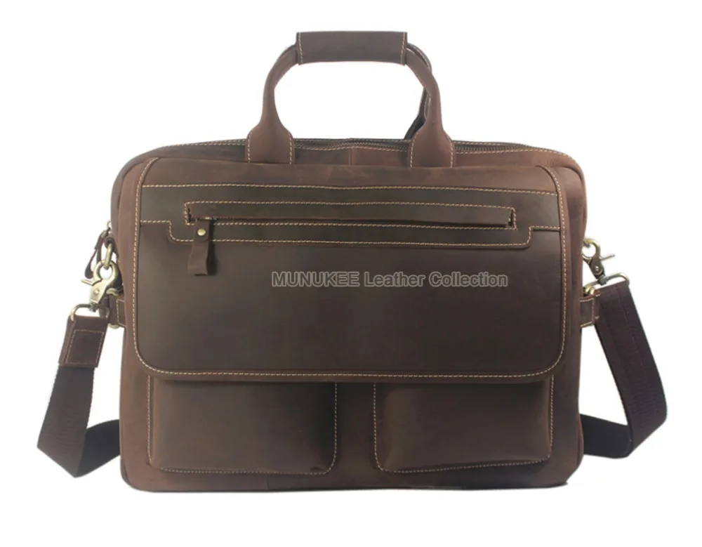 Vintage Crazy Horse Genuine Leather Briefcase men Business Bag Men portfolio Leather 15