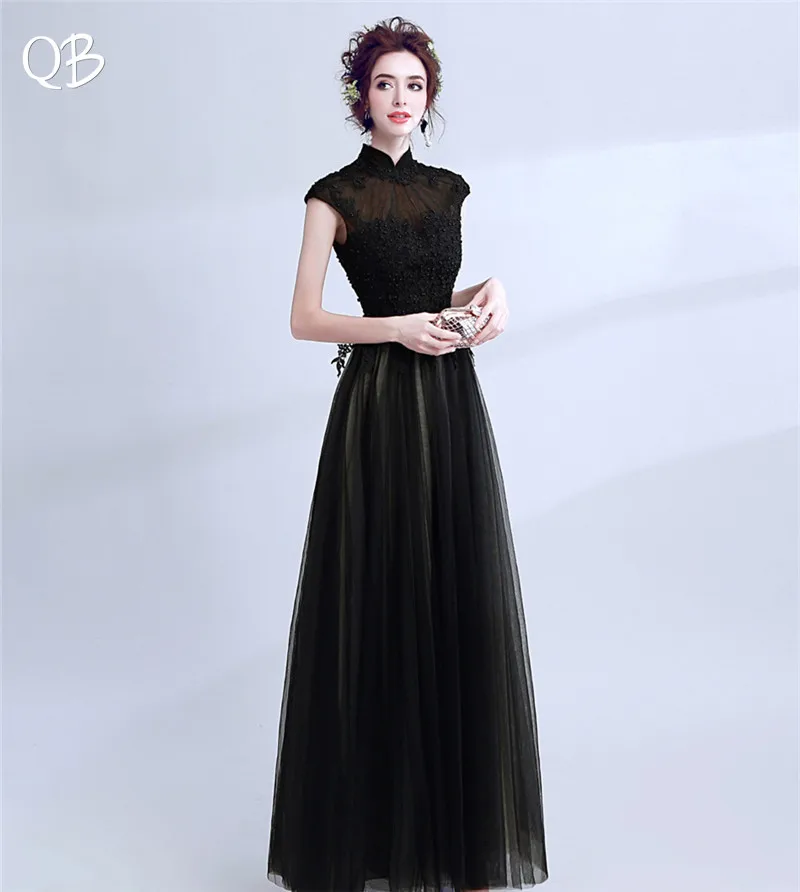 Black A-line High Neck Tulle Lace Pearls Vintage Formal Evening Dresses 2020 New Fashion Bride Party Prom Dress XK131