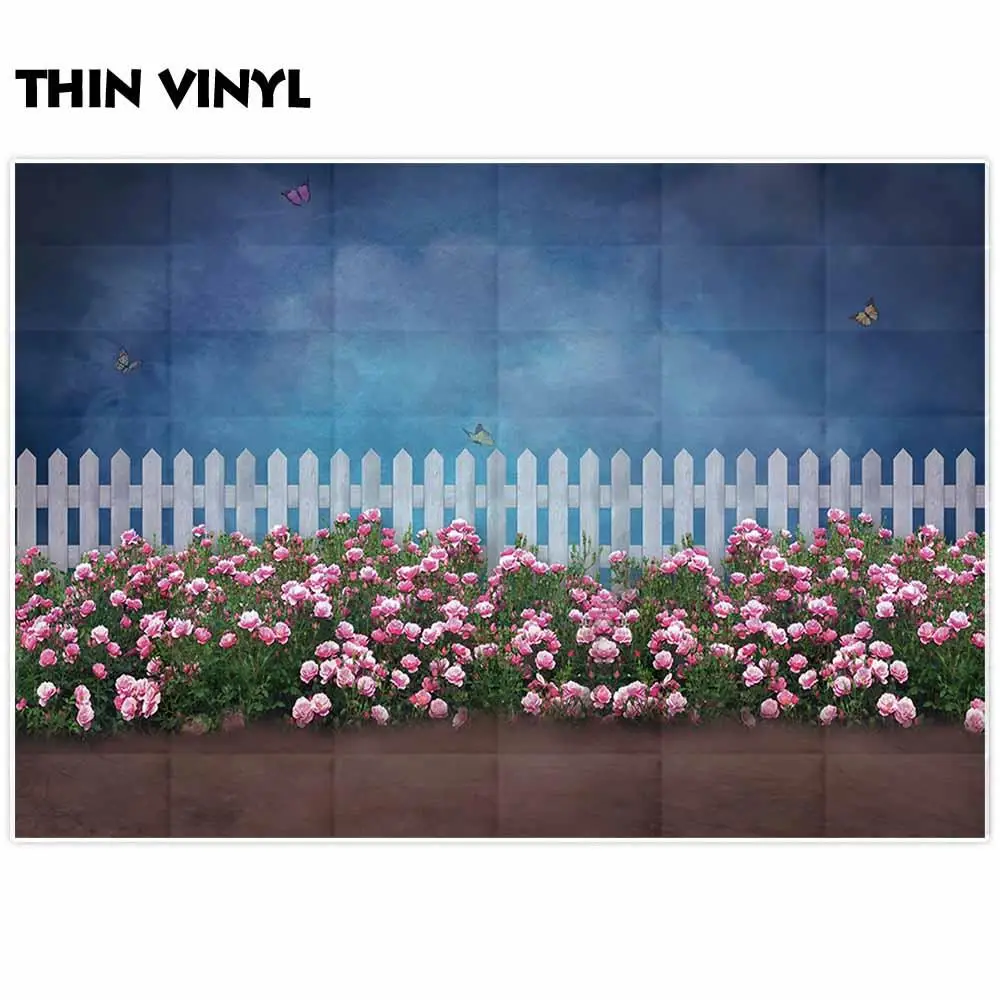 Allenjoy-Fondo de fotografía para estudio fotográfico, telón de fondo de primavera, cielo azul oscuro, valla de mariposa, flor rosa, utilería para sesión fotográfica