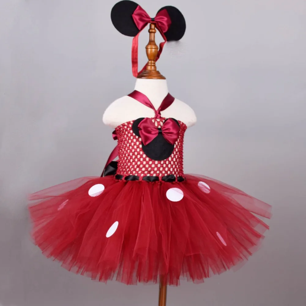 Maroon Minnie Tutu Dress for Girls Baby First Birthday Party Outfit Kids Polka Dots Fluffy Dresses Newborn Photo Props 0-8Y