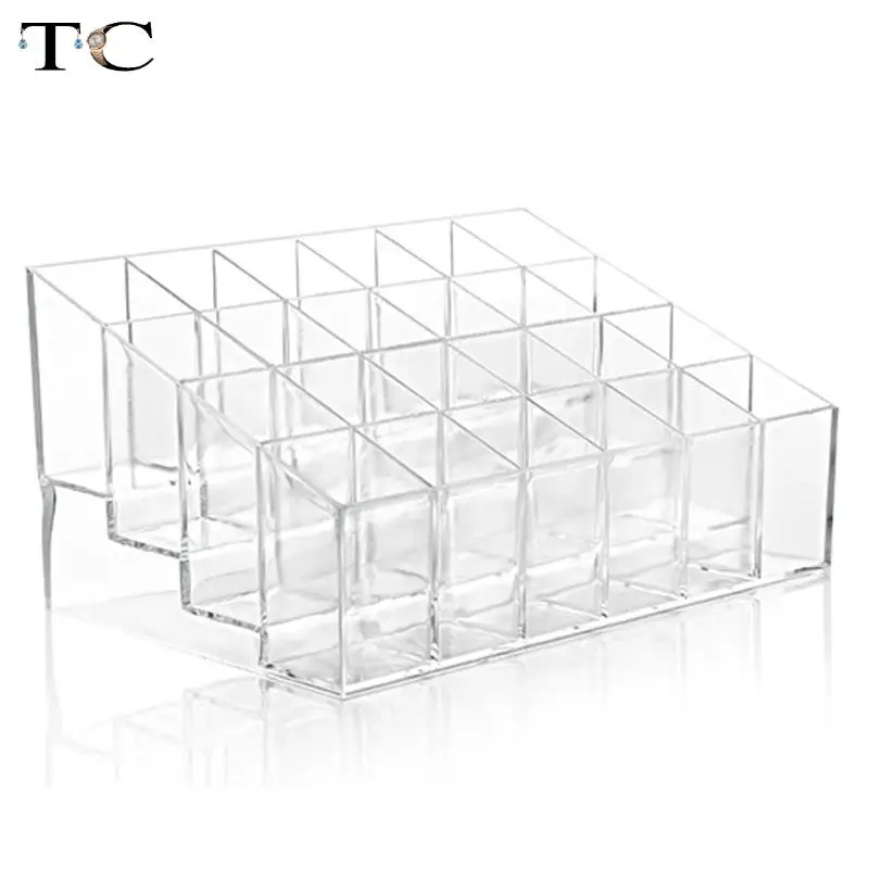 Estuche trapezoidal transparente para exhibición de maquillaje, estuche organizador de cosméticos, soporte de exhibición de lápiz labial, acrílico transparente, 24 unidades