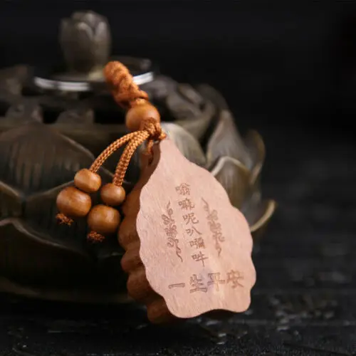 Kwan Guan Yin Leaf Wood Carved Sculpture Chinese Pendant Key Chain Keyring