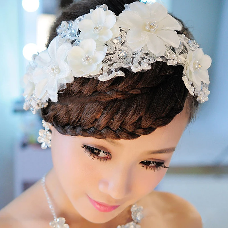 Charm Bridal Tiaras Headband Wedding Hair Accessories Handmade Imitation Pearl Lace White Flower Hair Jewelry