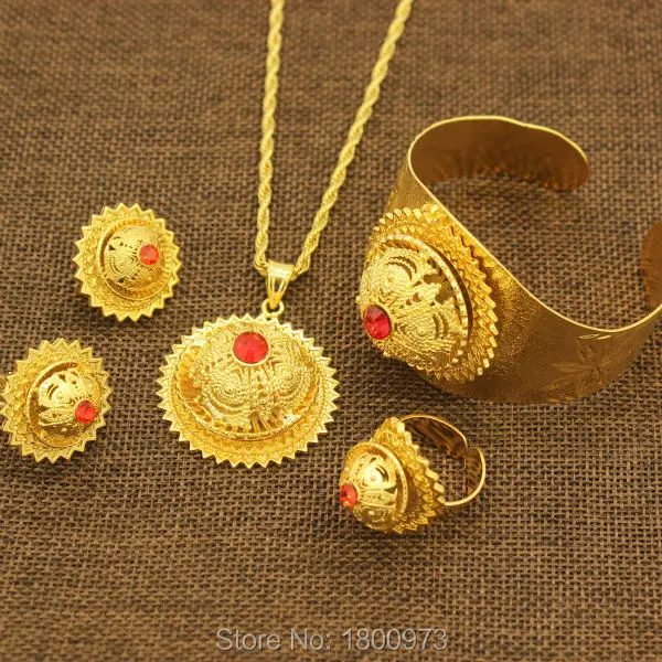 New Ethiopian Color Stone Jewelry Sets 24k Gold Color Pendant/Necklace/Earrings/Ring/Bangle for African/Eritrean Women Wedding