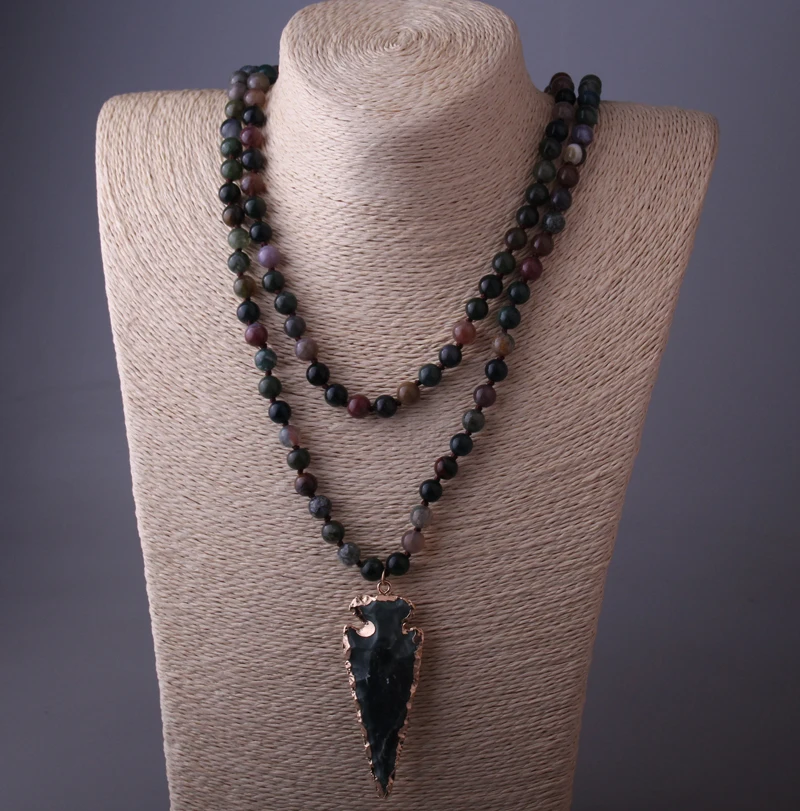 Fashion 130cm Long Knot Halsband India Agat Arrowhead Pendant Necklace Handmade Women Natural Stone Bead Necklace