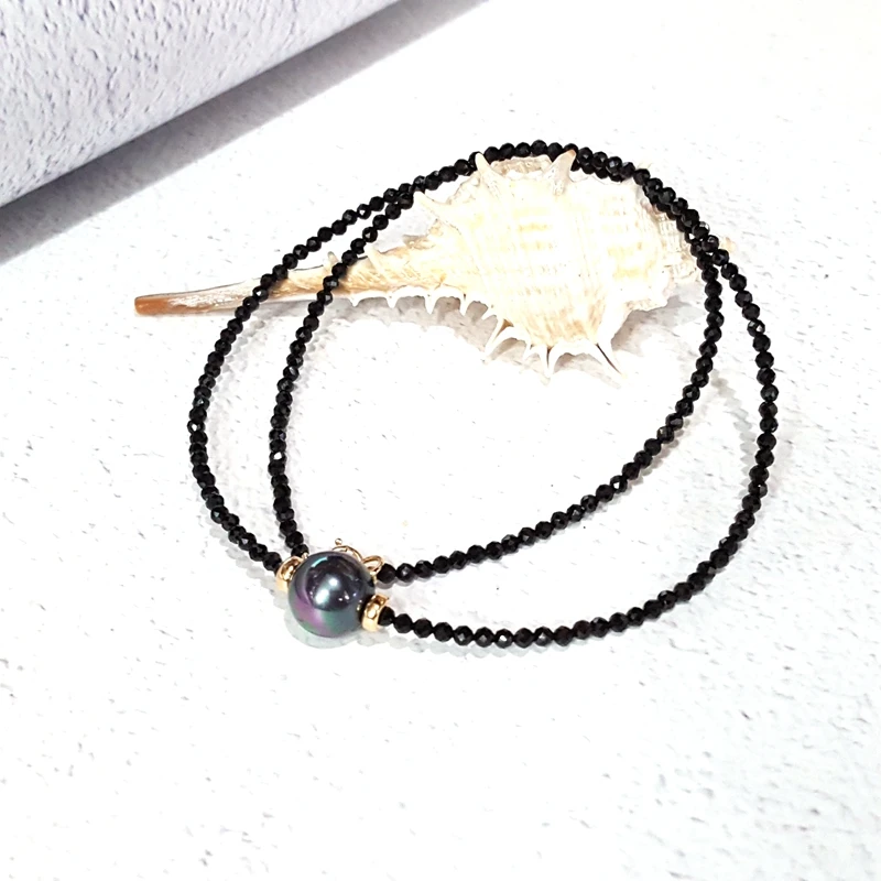 LiiJi Unique Choker Necklace Real Black Spinel Faceted Beads Tahitian Black Shell Pearl 925 Sterling Silver Gold Color Gift